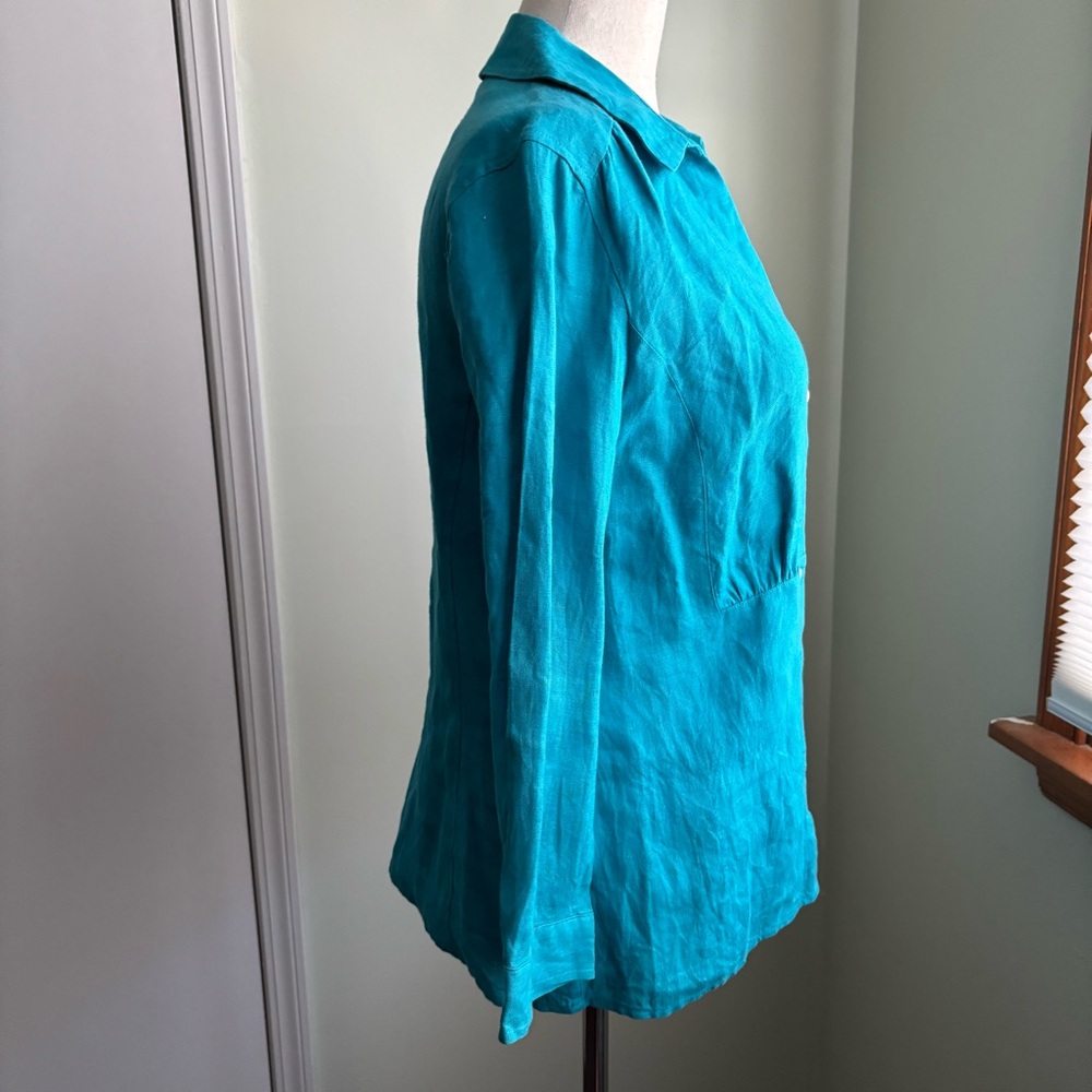 Talbots Irish Linen Button Down Blouse turquoise size 8 euc - Picture 2 of 5